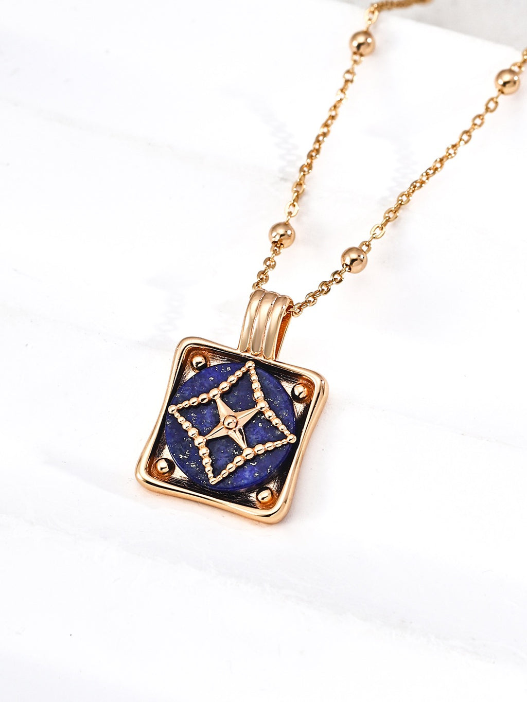 Lapis Lazuli Star Compass Square Pendant Necklace