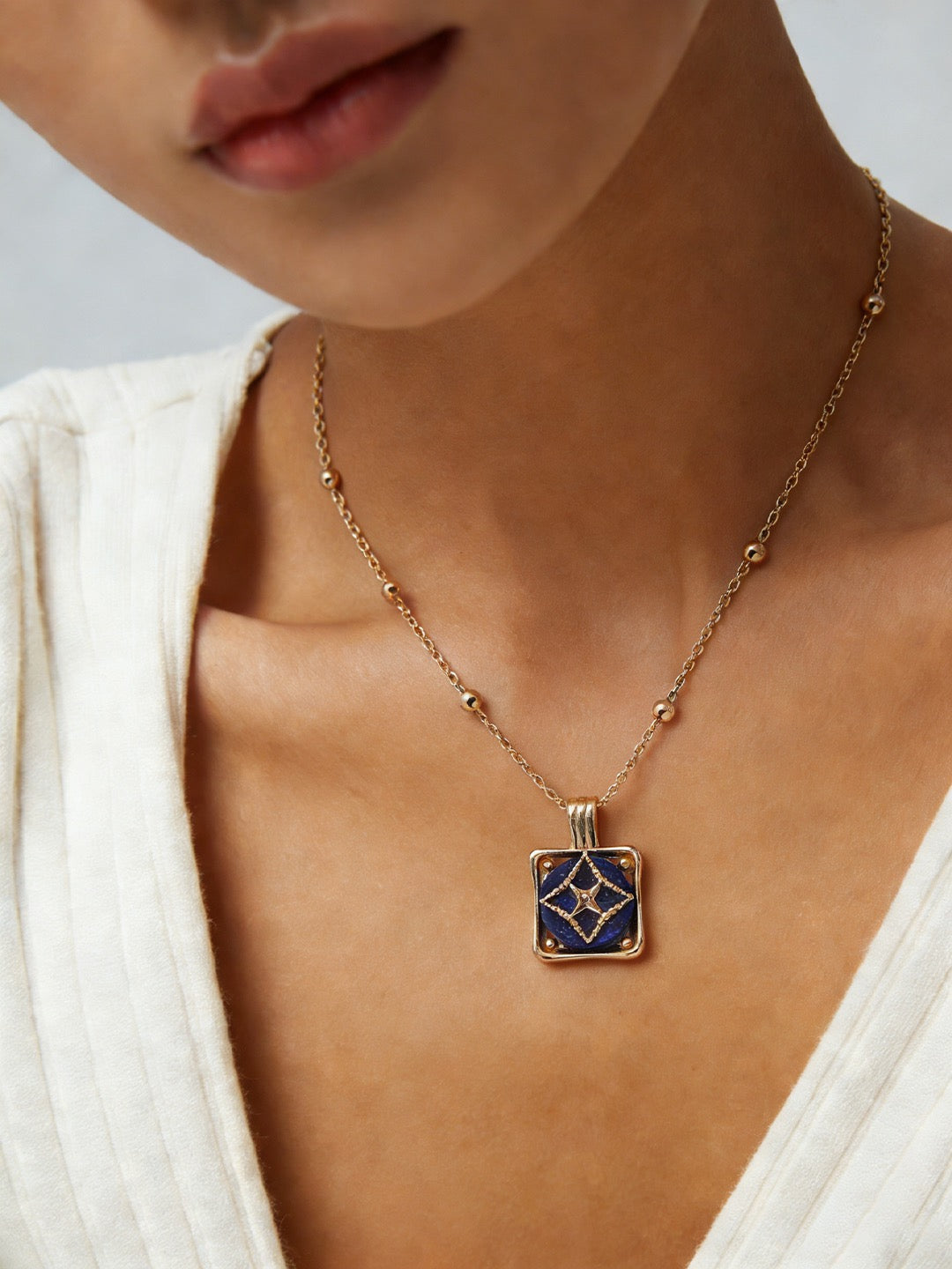 Lapis Lazuli Star Compass Square Pendant Necklace