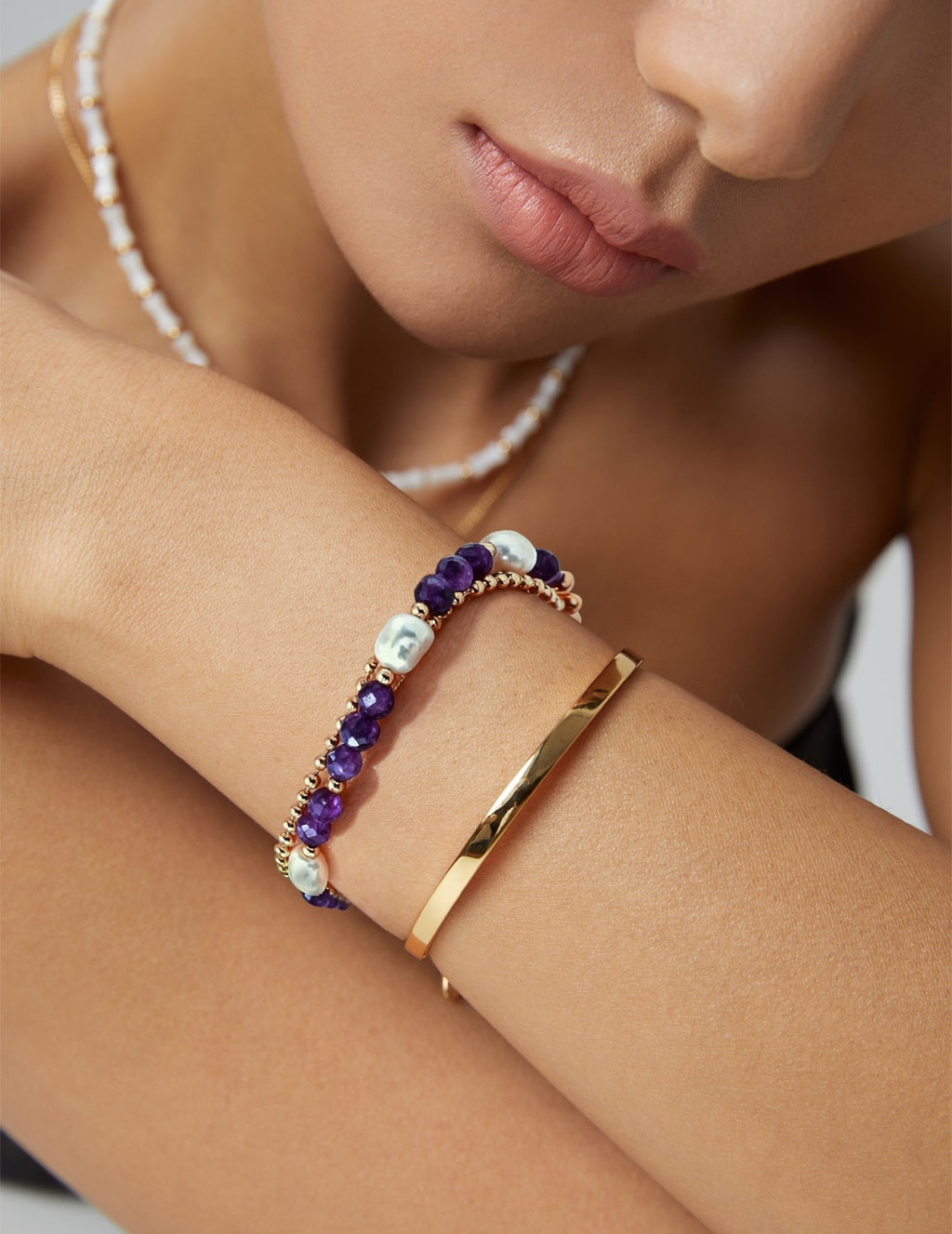 Amethyst Pearl Lumière Double Bracelet