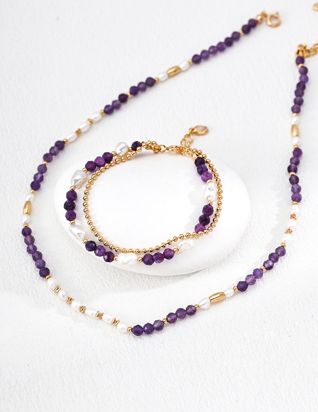 Amethyst Pearl Lumière Double Bracelet