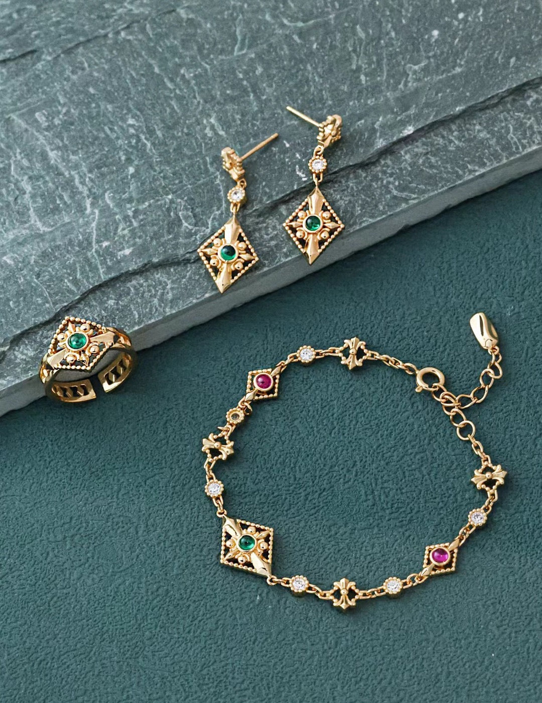 CZ Emerald & Ruby Fleur de Lys Station Bracelet