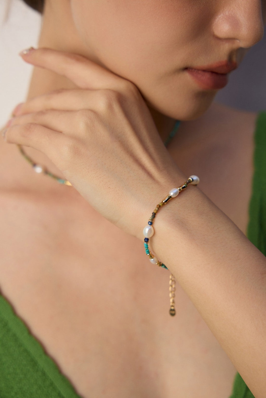 Turquoise Lapis & Pearl Bamboo Bracelet