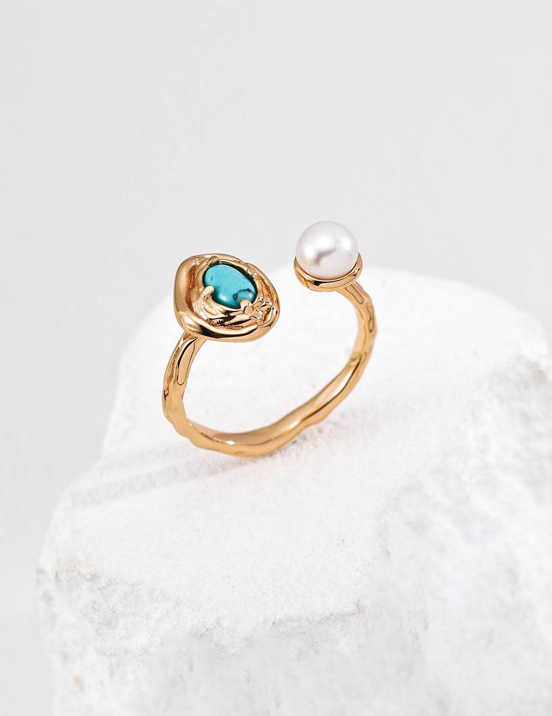 Dual Stone Open Ring – Turquoise & Pearl