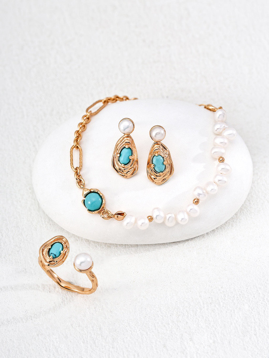 Dual Stone Open Ring – Turquoise & Pearl