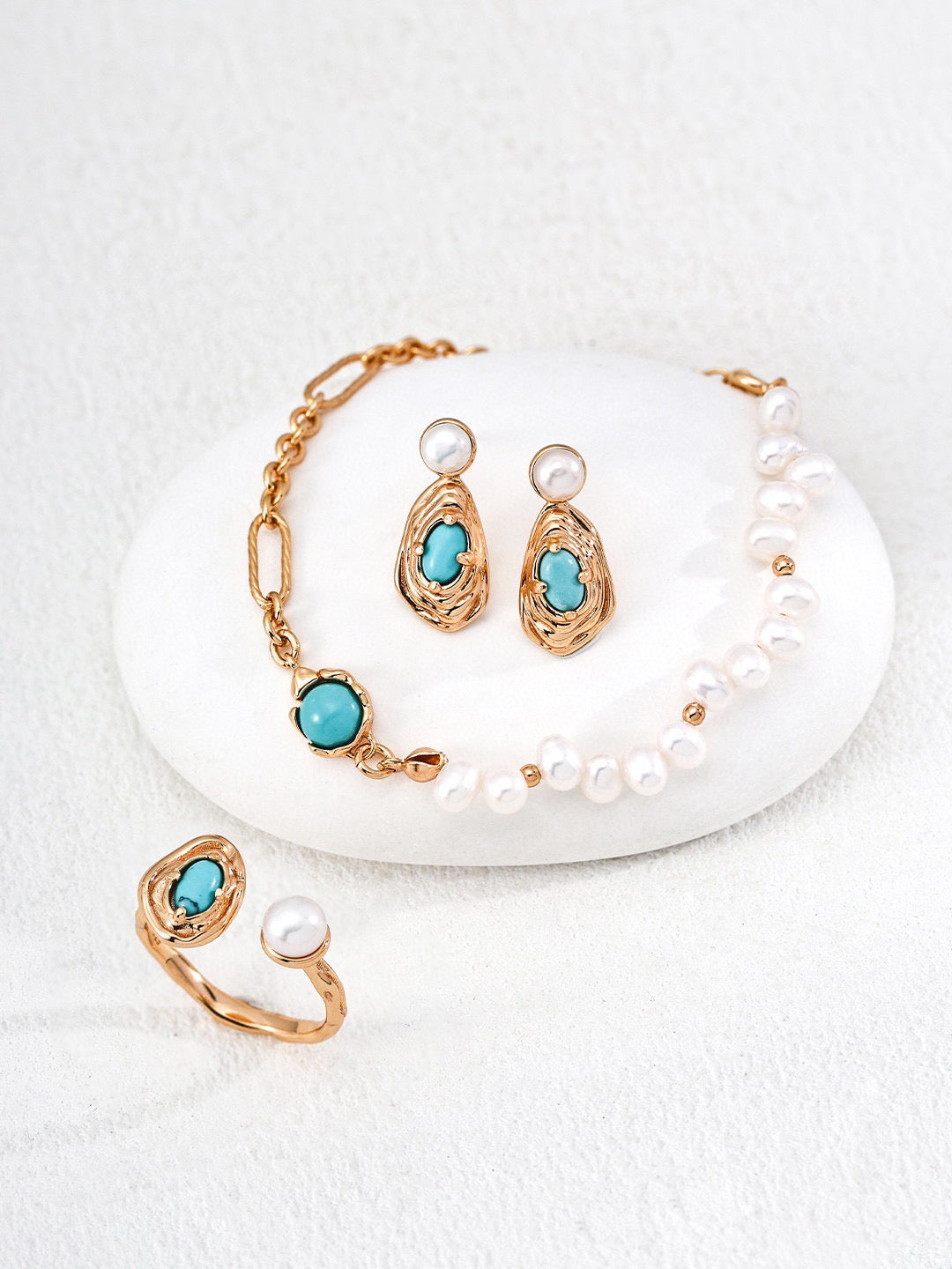 Dual Stone Open Ring – Turquoise & Pearl