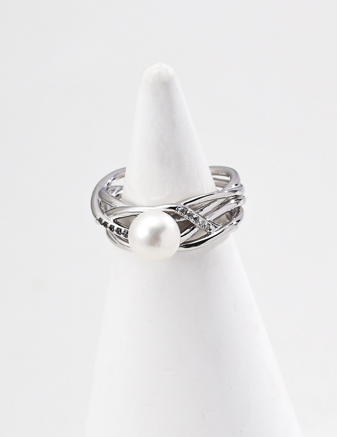 Woven Vine Pearl & CZ Wide Open Ring