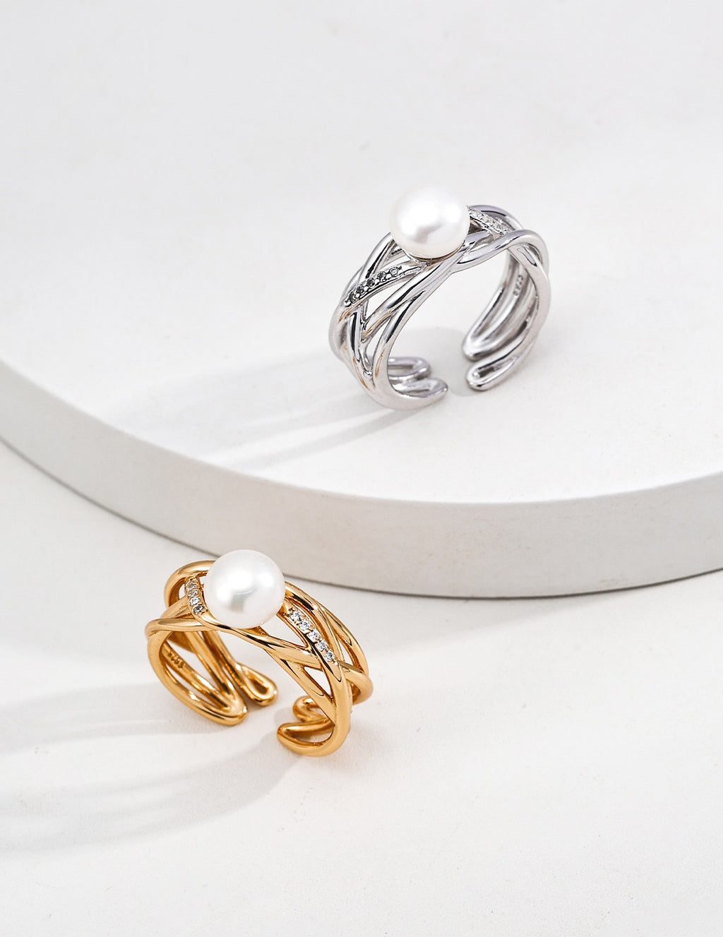 Woven Vine Pearl & CZ Wide Open Ring