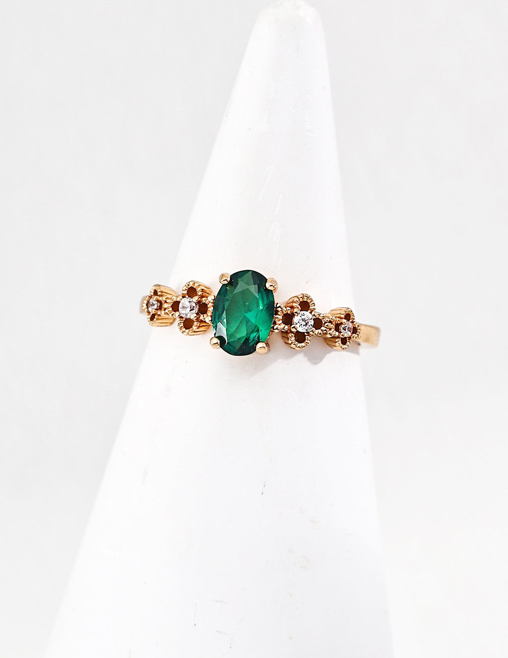 Emerald Oval Floral Accent Ring