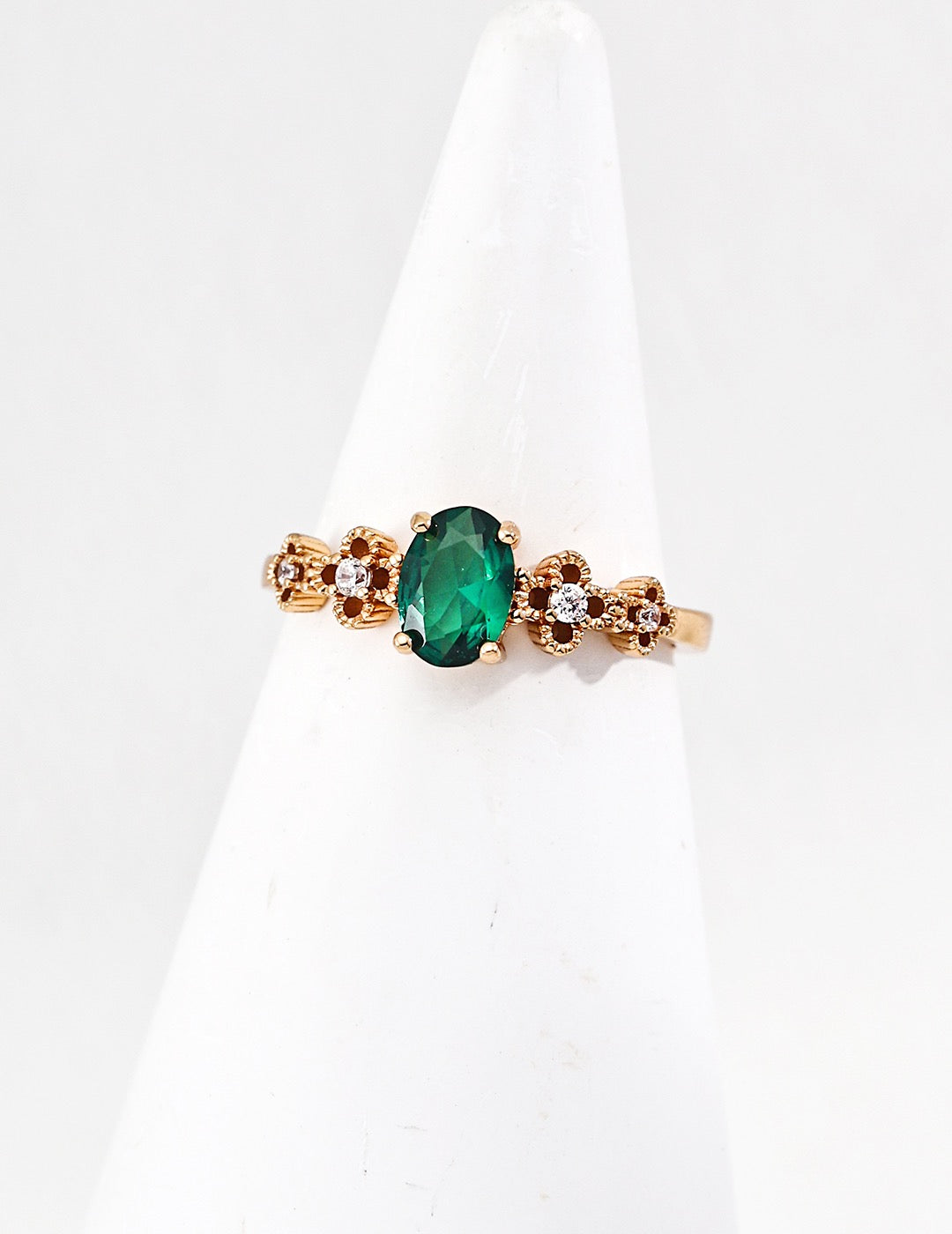 Emerald Oval Floral Accent Ring