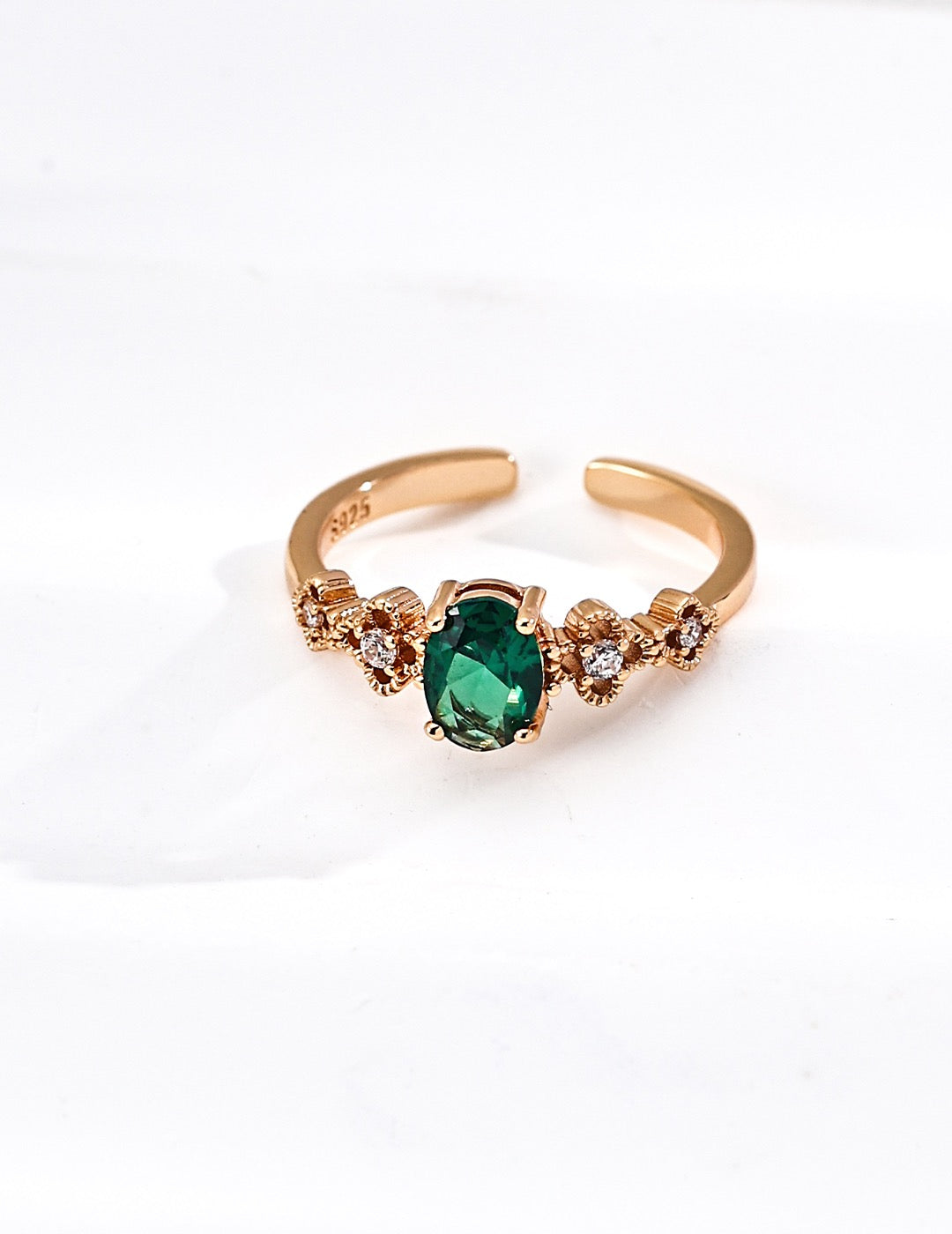 Emerald Oval Floral Accent Ring