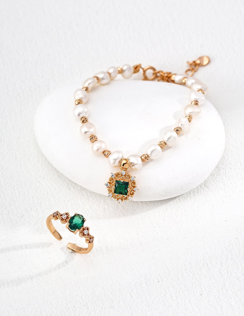 Emerald Oval Floral Accent Ring
