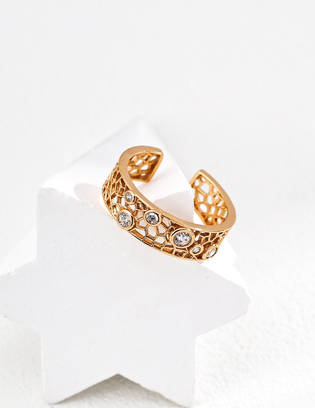 Honeycomb Bezel CZ Wide Open Ring
