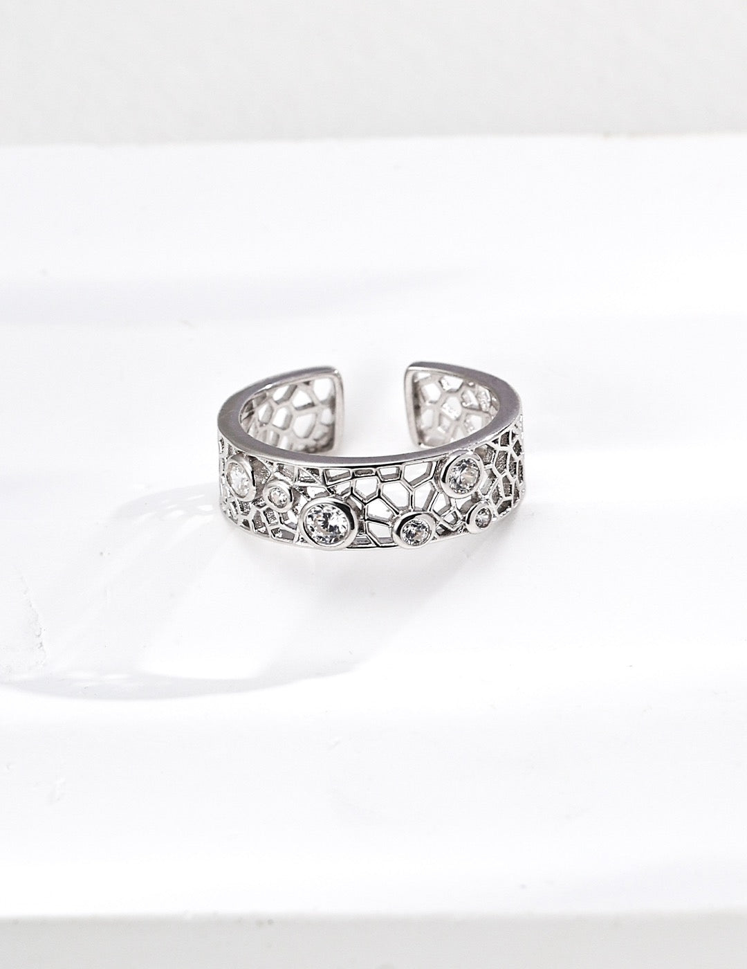 Honeycomb Bezel CZ Wide Open Ring
