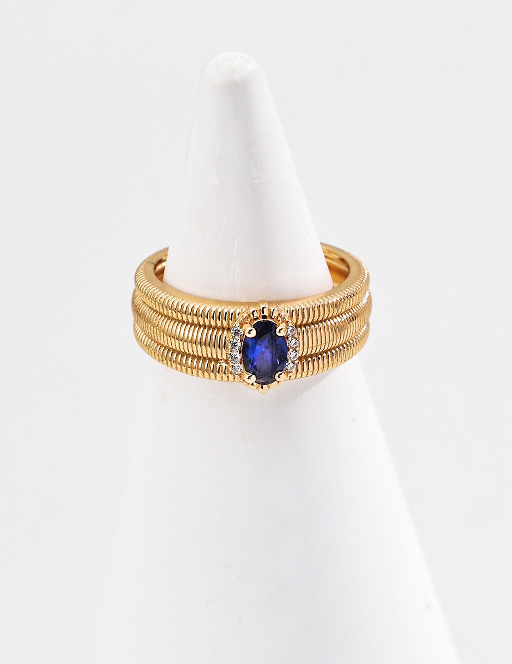 Sapphire Blue CZ Ribbed Wide Open Ring