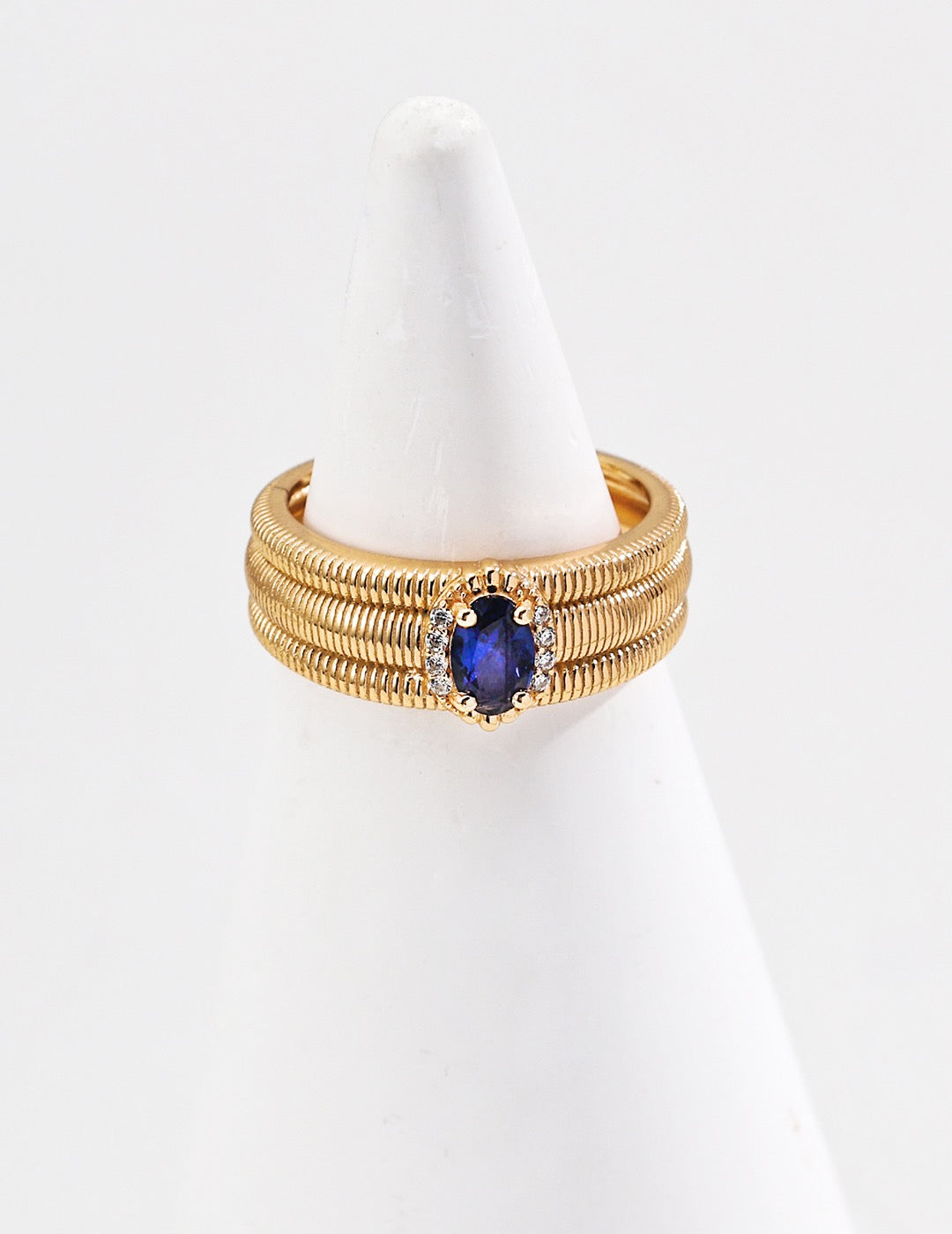 Sapphire Blue CZ Ribbed Wide Open Ring