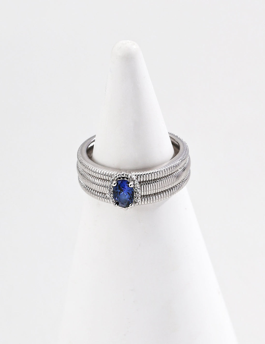 Sapphire Blue CZ Ribbed Wide Open Ring