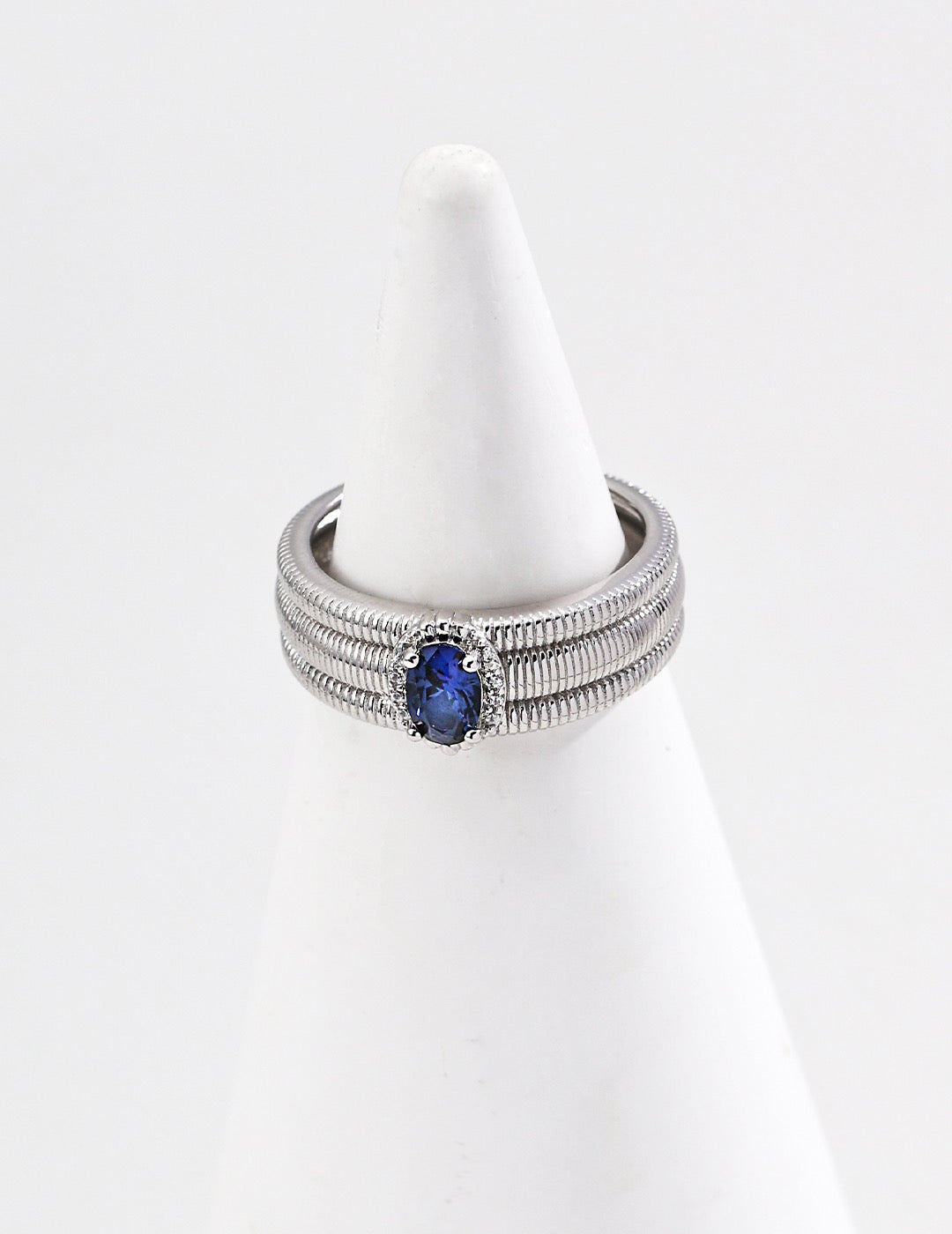 Sapphire Blue CZ Ribbed Wide Open Ring