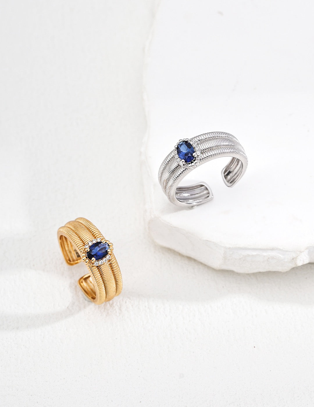 Sapphire Blue CZ Ribbed Wide Open Ring