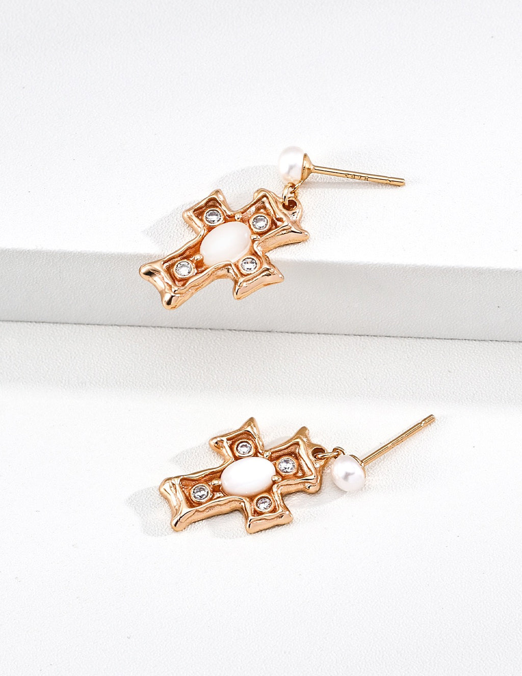Pearl & White Shell Cross Drop Earrings