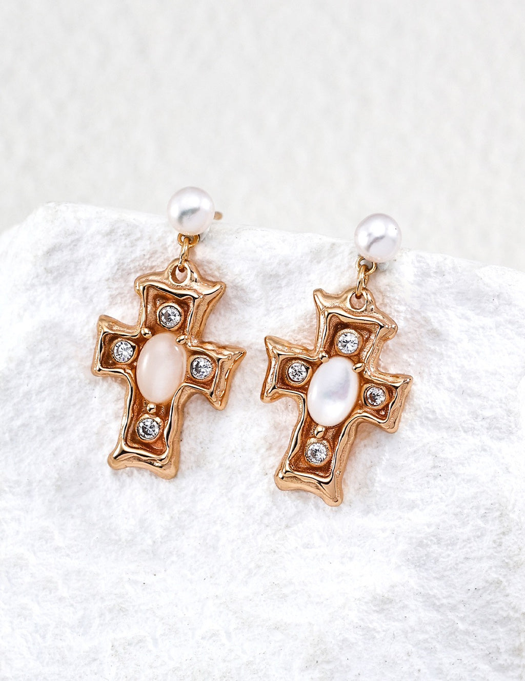 Pearl & White Shell Cross Drop Earrings