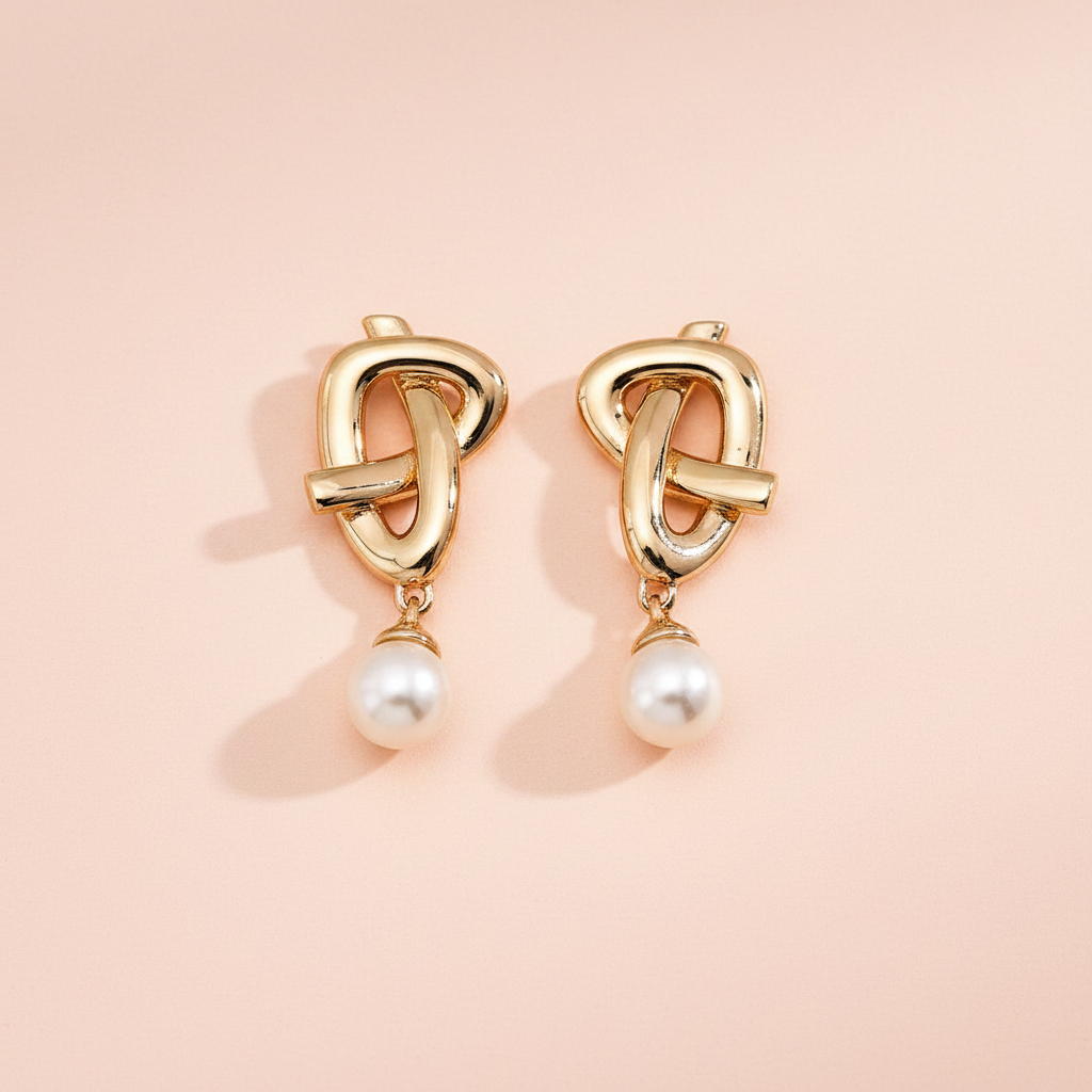 Golden Knot Pearl Drop Earrings - Pair