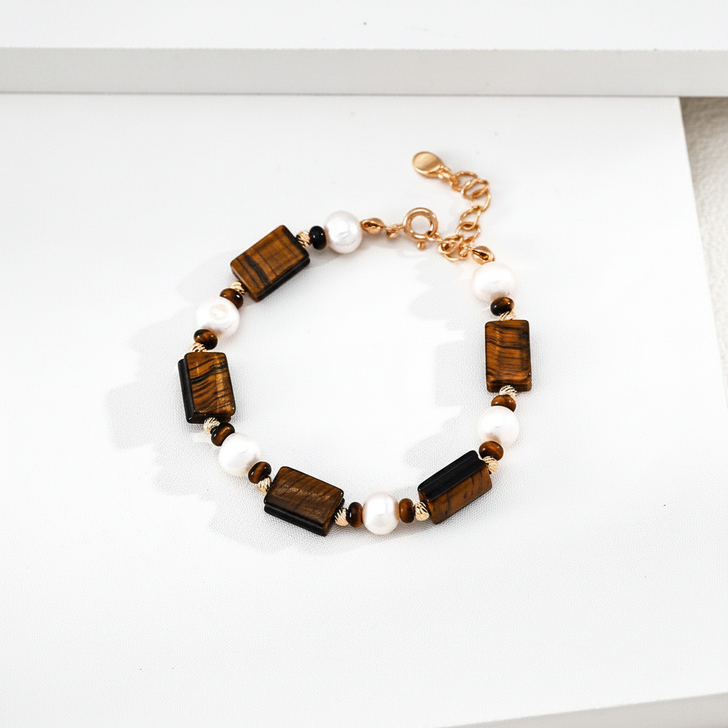 Terra Tiger's Eye & Pearl Bracelet - 18K Gold full view
