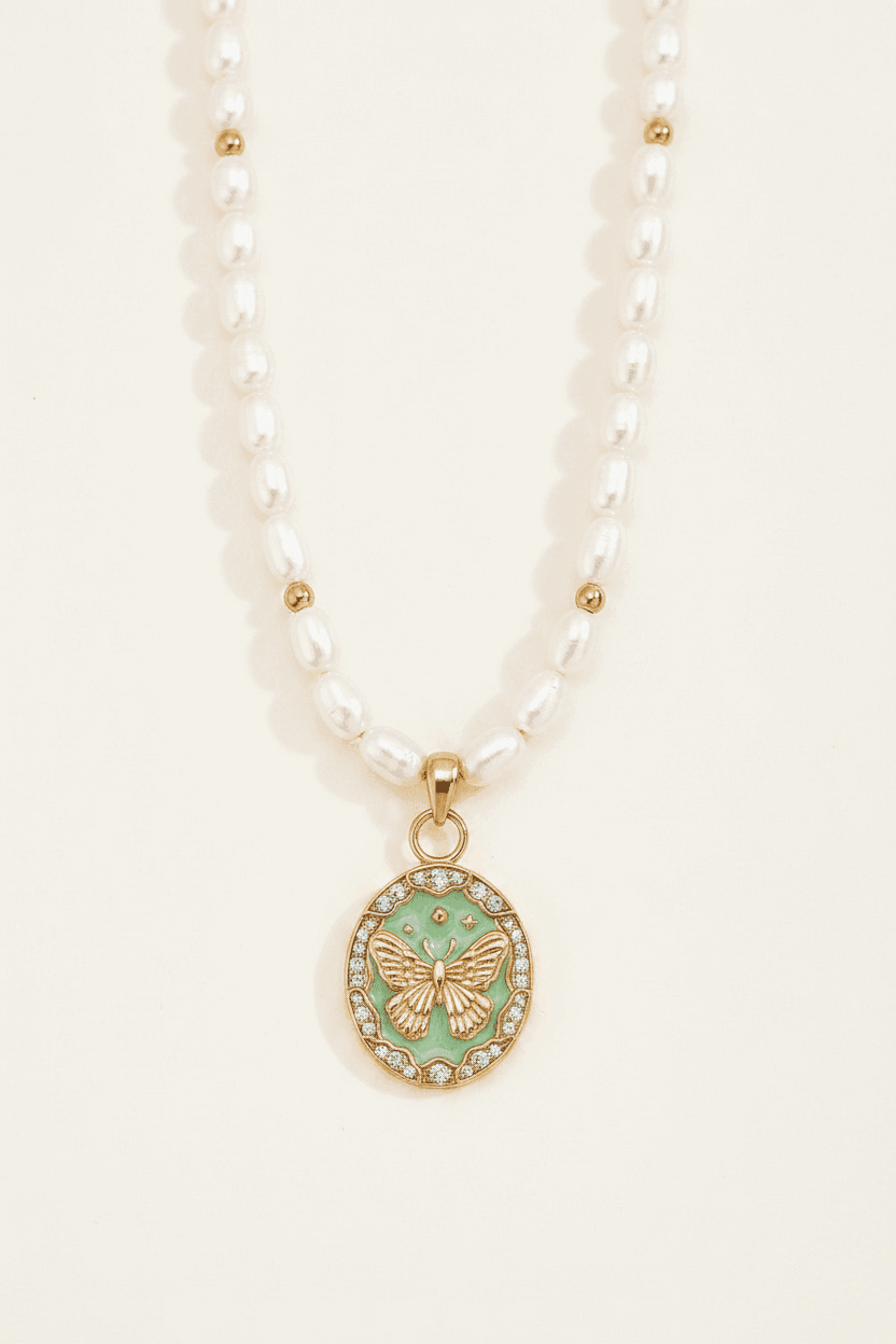 Butterfly Coin Pearl Beaded Necklace