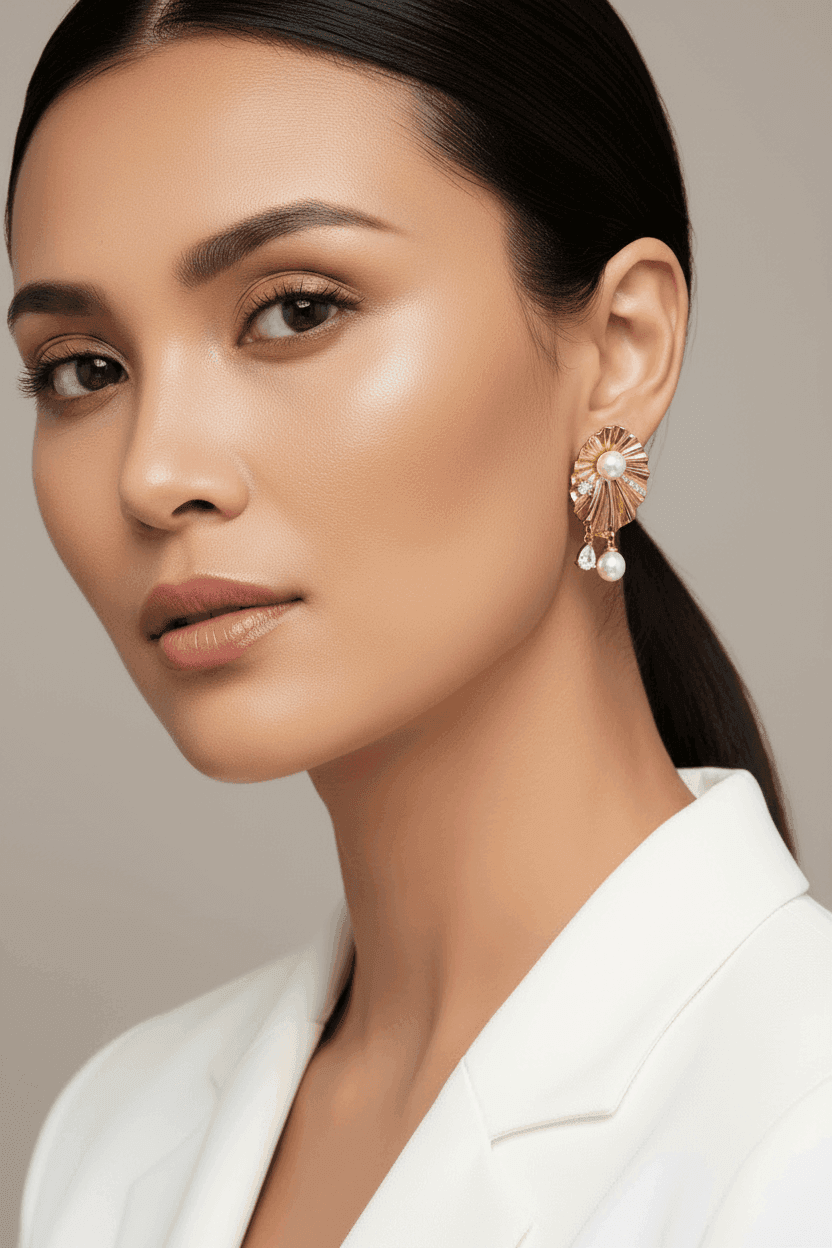 Ribbed Fan Pearl Drop Earrings