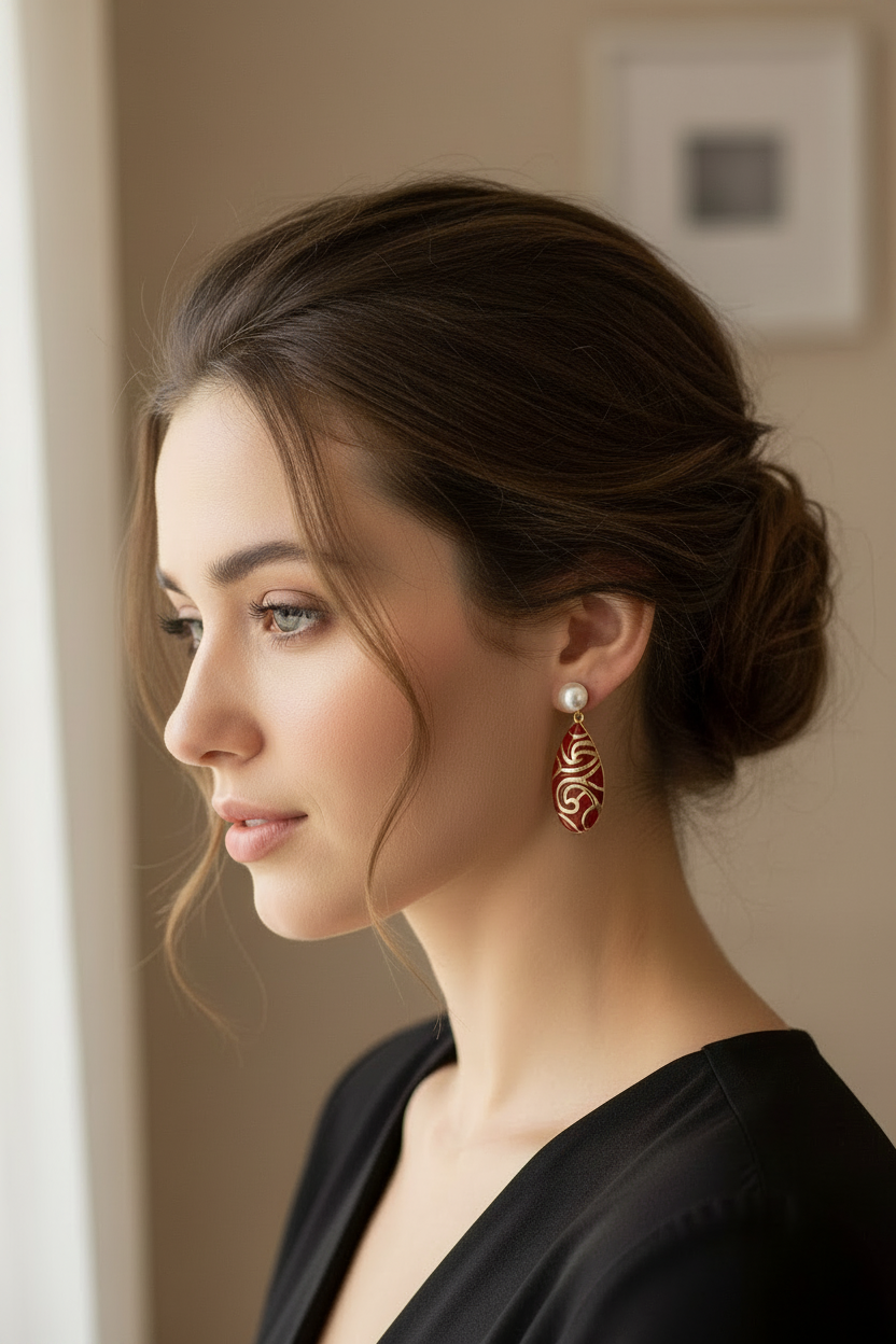 Model wearing Red Enamel Pearl Earrings - side profile close-up