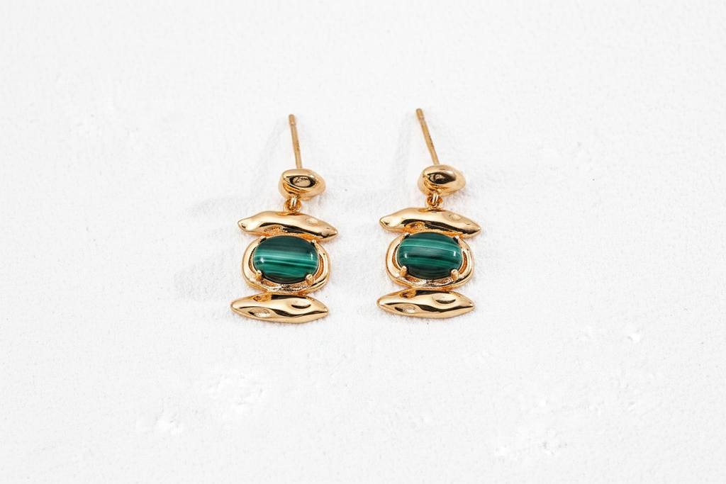 Pebble Stack Malachite Stud Earrings - Gold Vermeil pair front view cream background