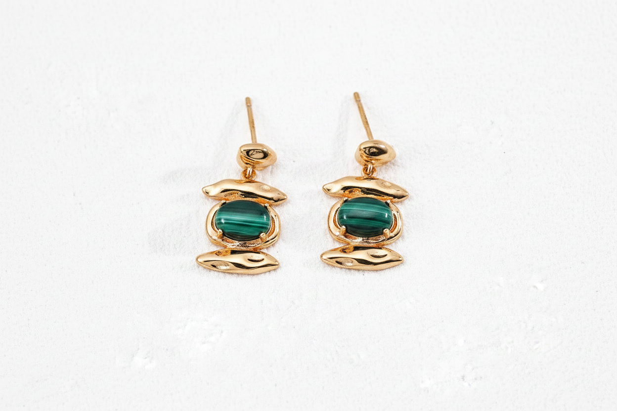Pebble Stack Malachite Stud Earrings - Gold Vermeil pair front view cream background