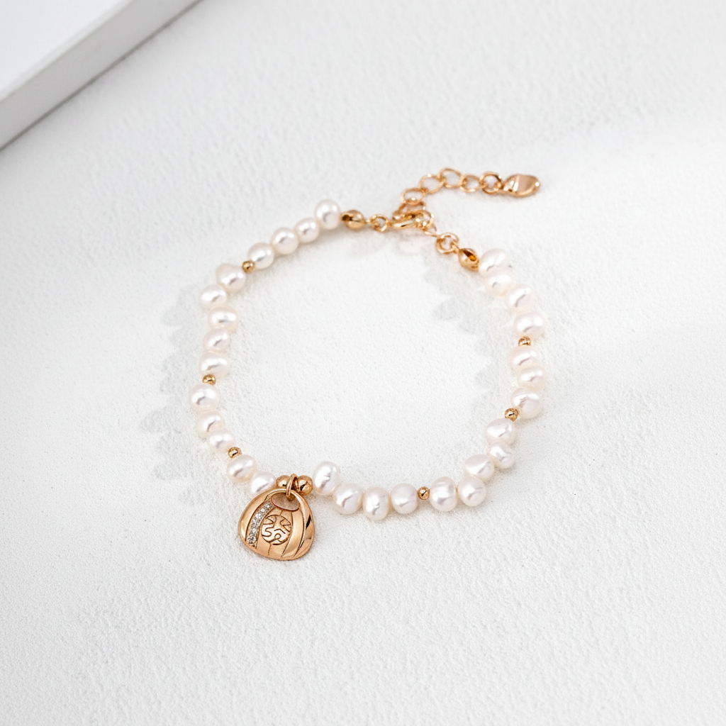 Pearl & CZ Lotus Lantern Charm Bracelet - 18K Gold on cream background