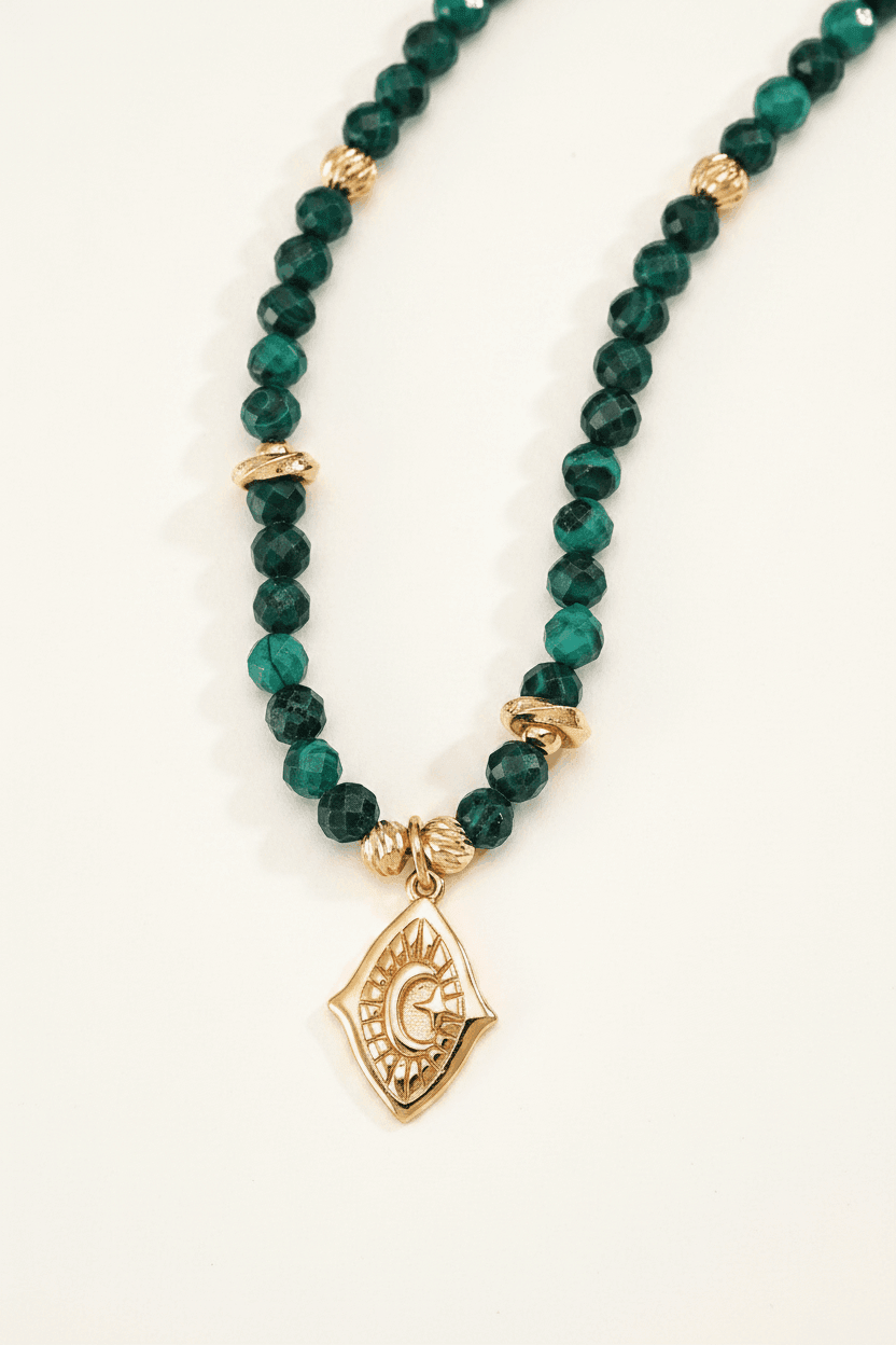 Malachite Sun Moon Charm Beaded Necklace