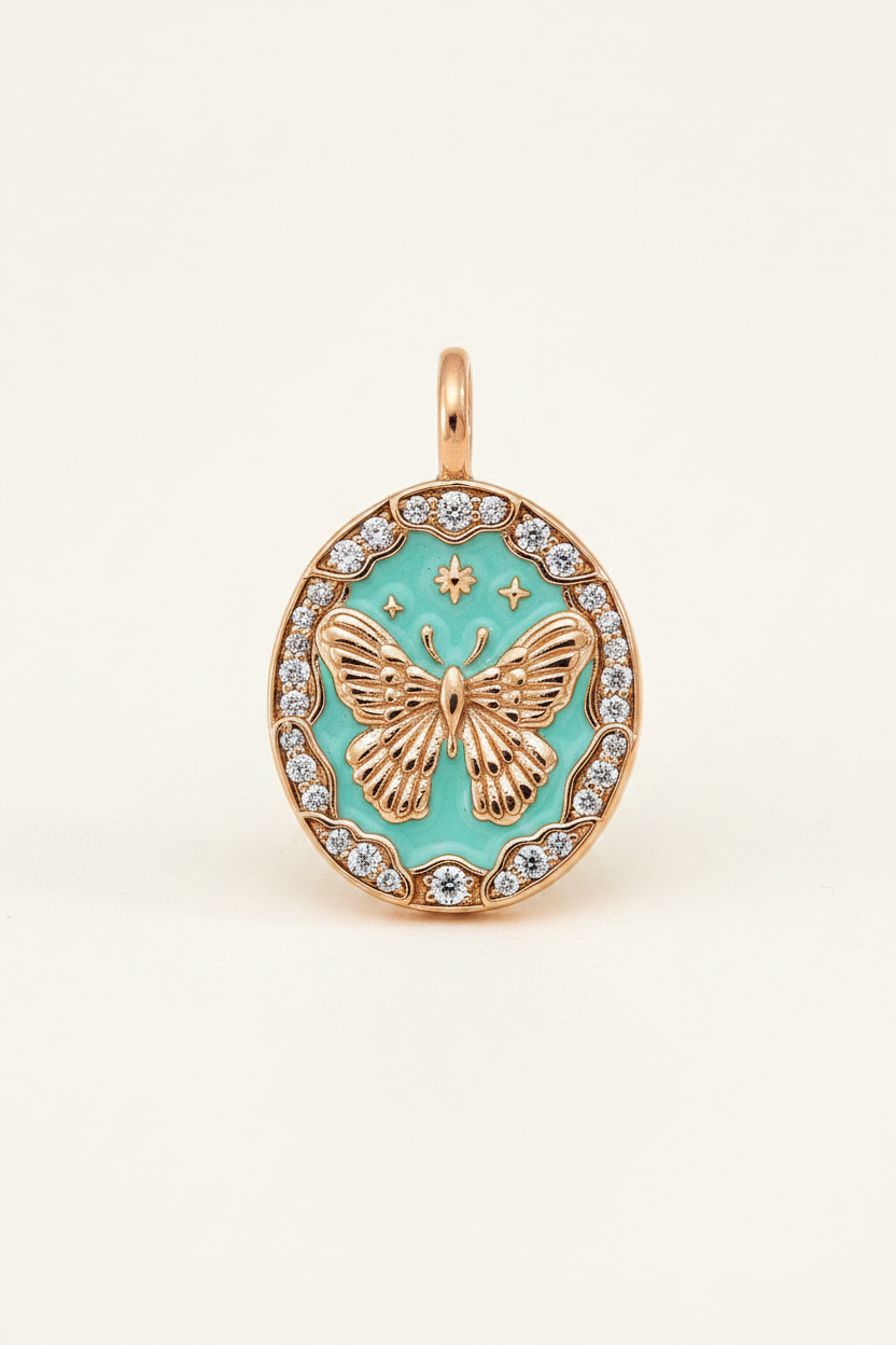 Turquoise Butterfly Coin CZ Pendant Necklace – pendant detail on cream white background