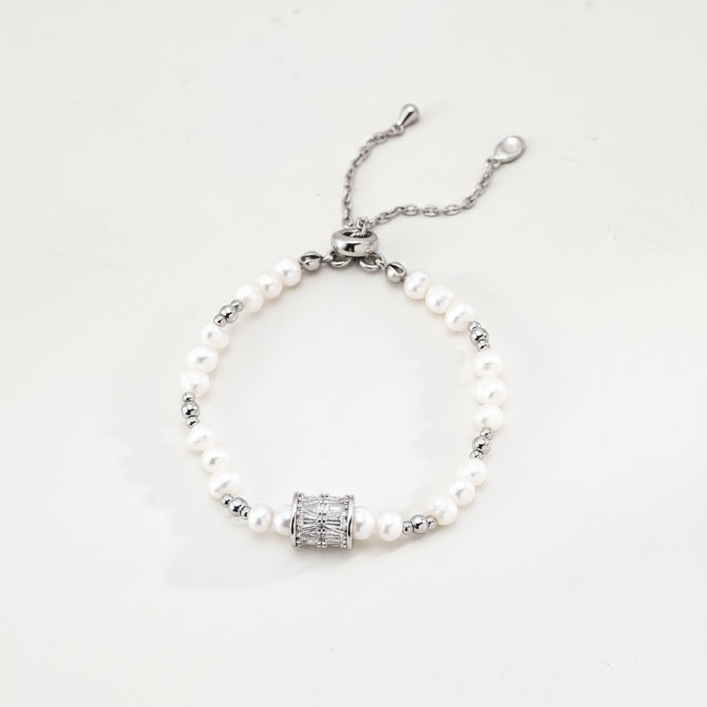Éclat Pearl & CZ Baguette Slider Bracelet - Platinum
