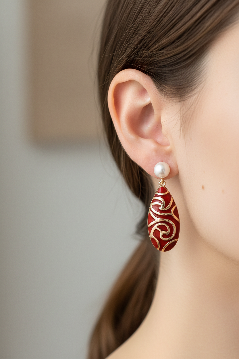 Model wearing Red Enamel Pearl Earrings - close-up lifestyle