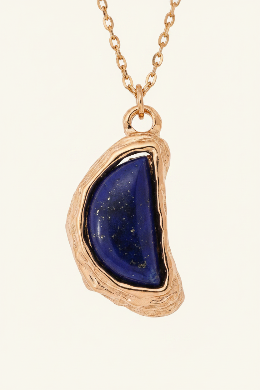 Lapis Lazuli Half-Moon Molten Frame Necklace – pendant detail on cream white background