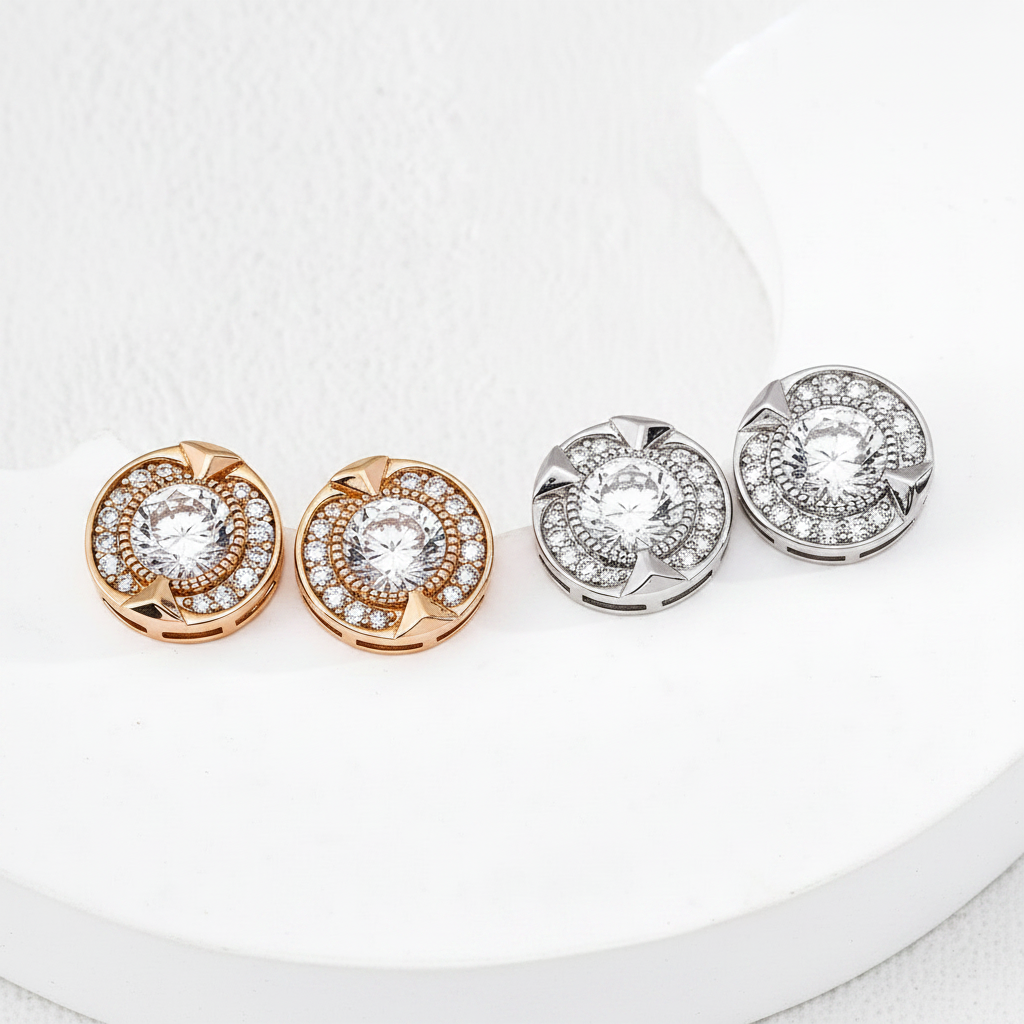 Halo CZ Stud Earrings – Gold Vermeil and Platinum flat lay