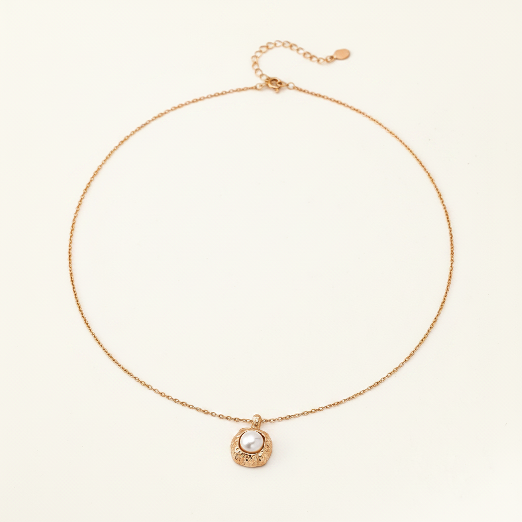 Hammered Cushion Pearl Pendant Necklace – 18K Gold on cream white background