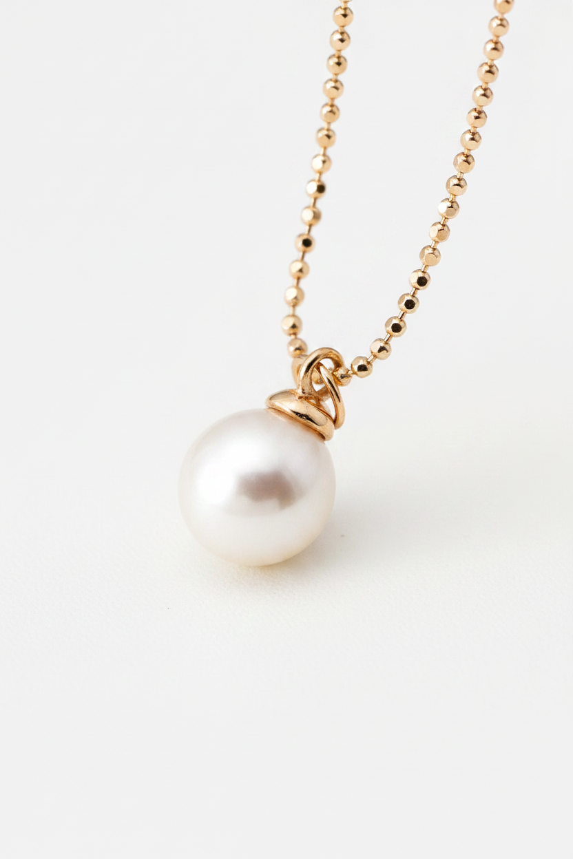 Single Pearl Disco Ball Chain Necklace – pearl drop detail on cream white background