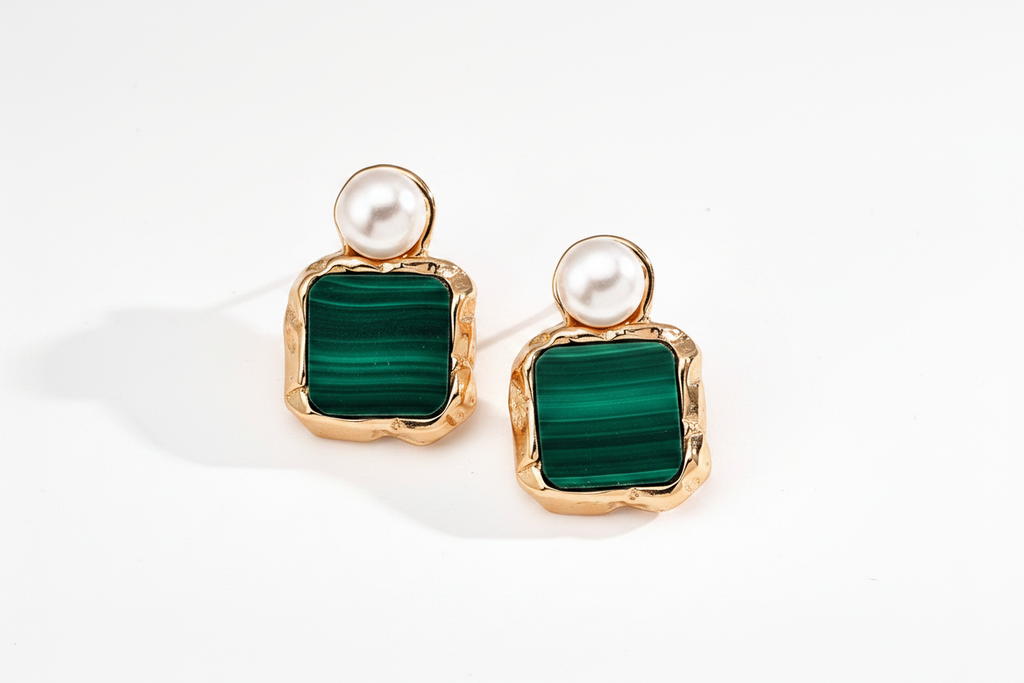 Malachite & Pearl Gold Frame Stud Earrings - pair elevated angle cream background