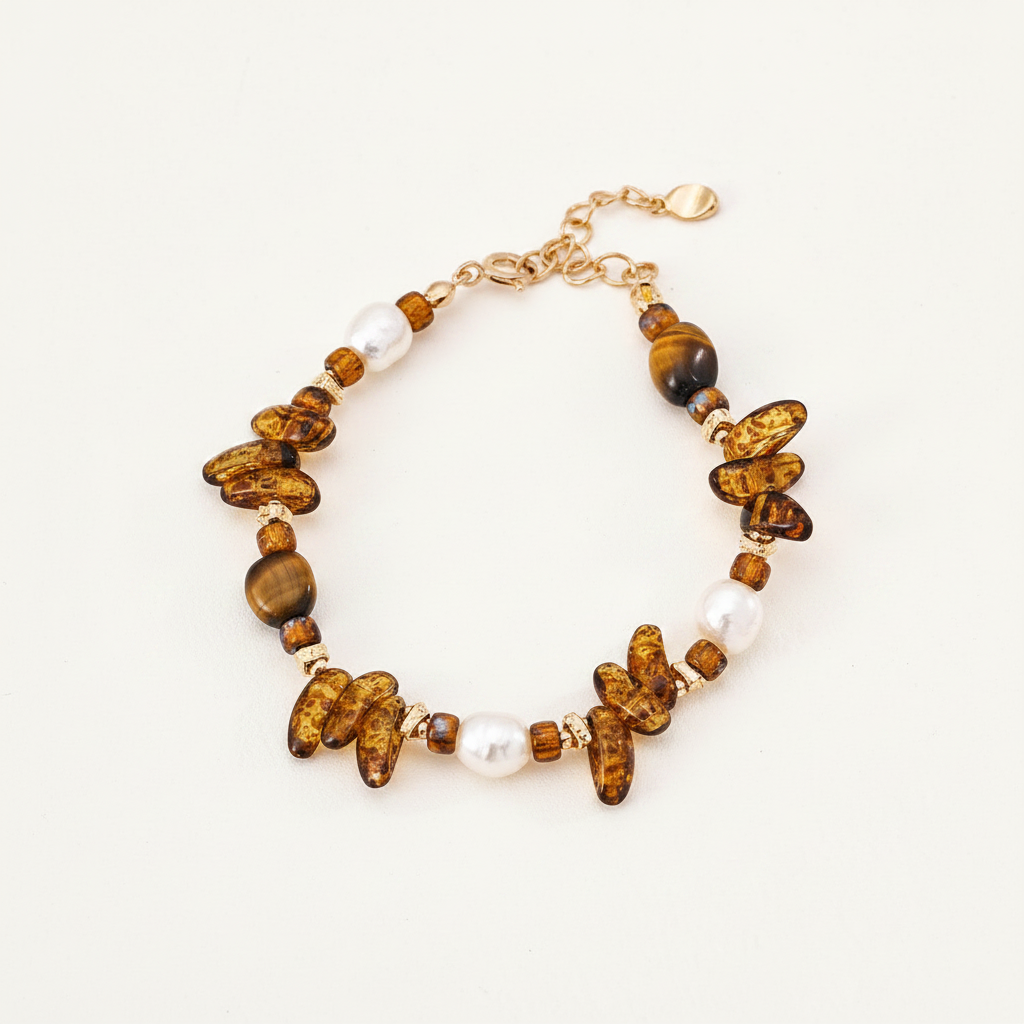 Tiger's Eye & Czech Glass Terre Fauve Bracelet - cream background flat lay