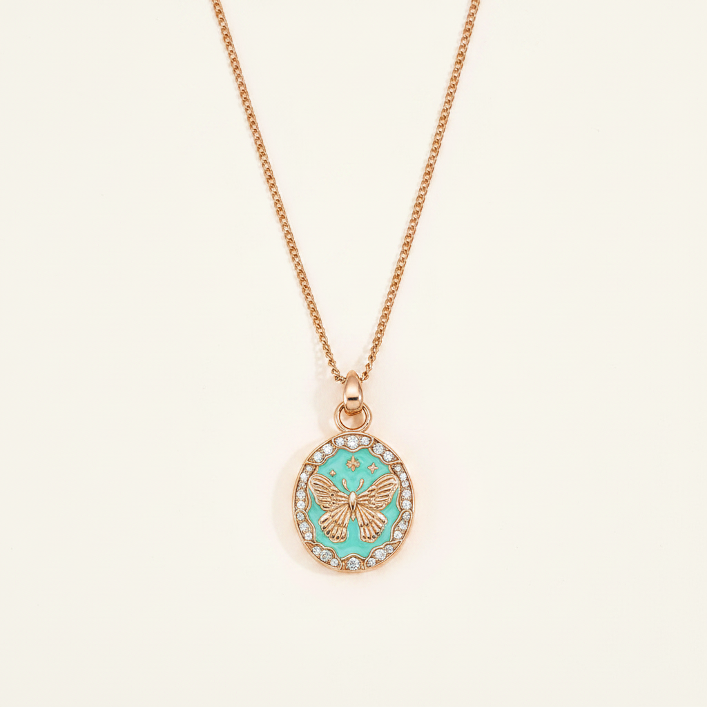 Turquoise Butterfly Coin CZ Pendant Necklace on cream white background