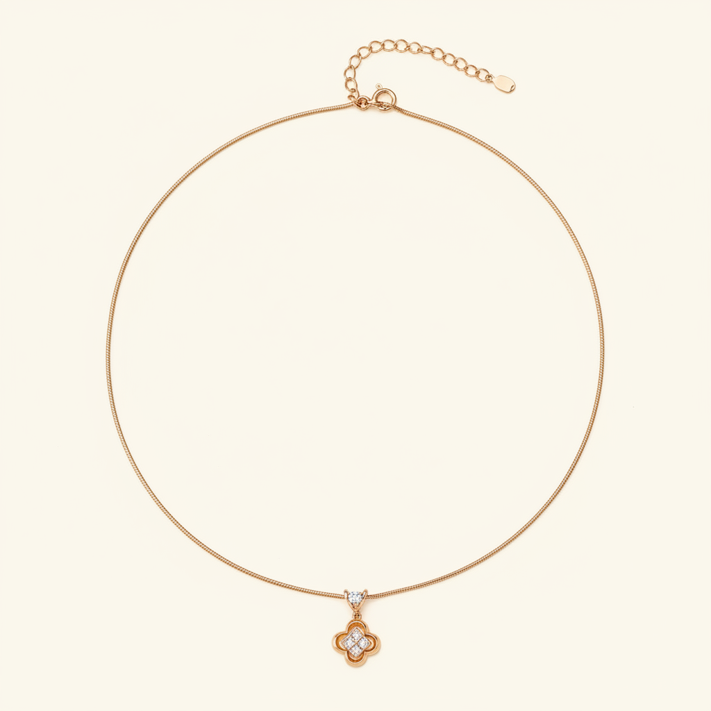CZ Clover Snake Chain Pendant Necklace – 18K Gold on cream white background