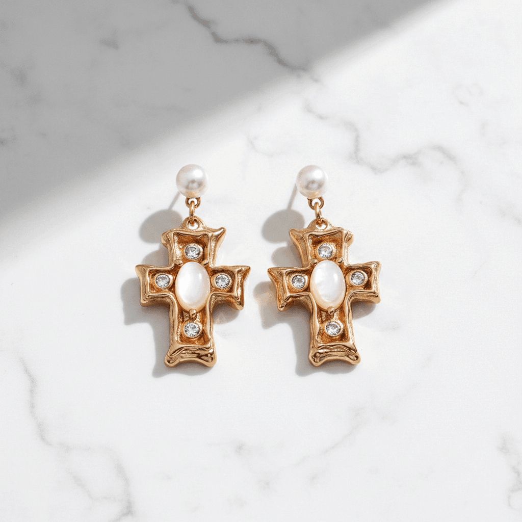 Pearl & White Shell Cross Drop Earrings
