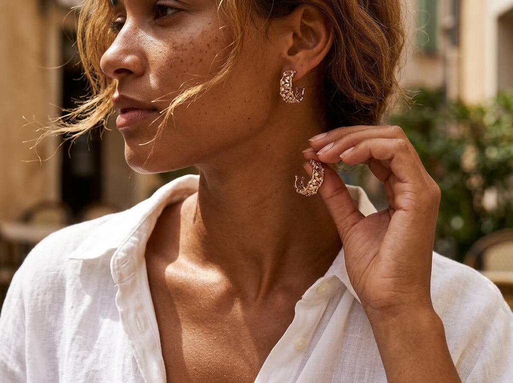 Botanical Leaf CZ Huggie Hoop Earrings