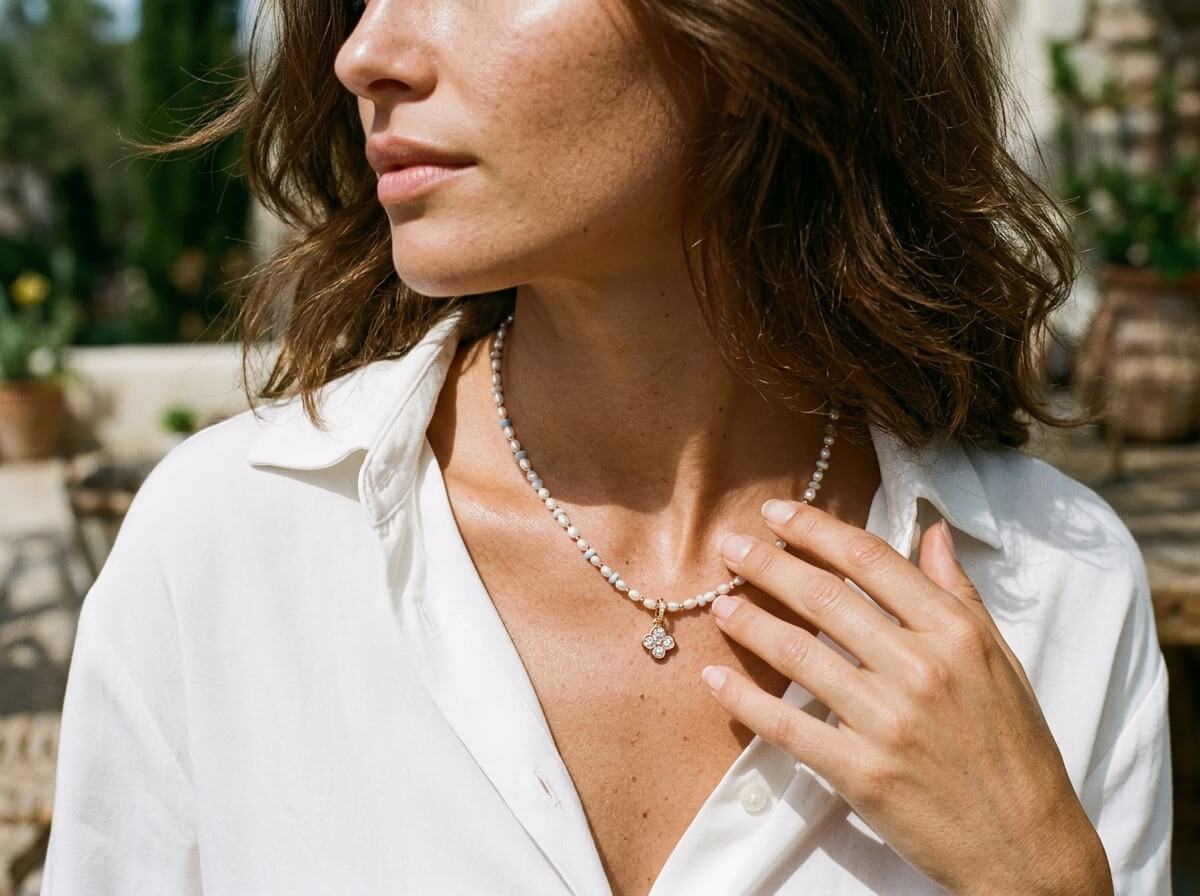 Pearl & CZ Clover Charm Necklace