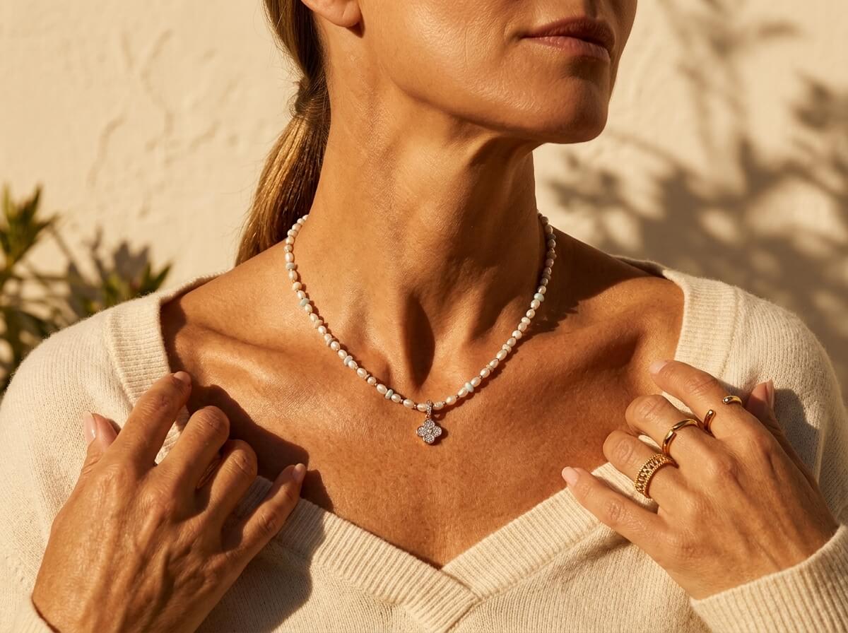 Pearl & CZ Clover Charm Necklace