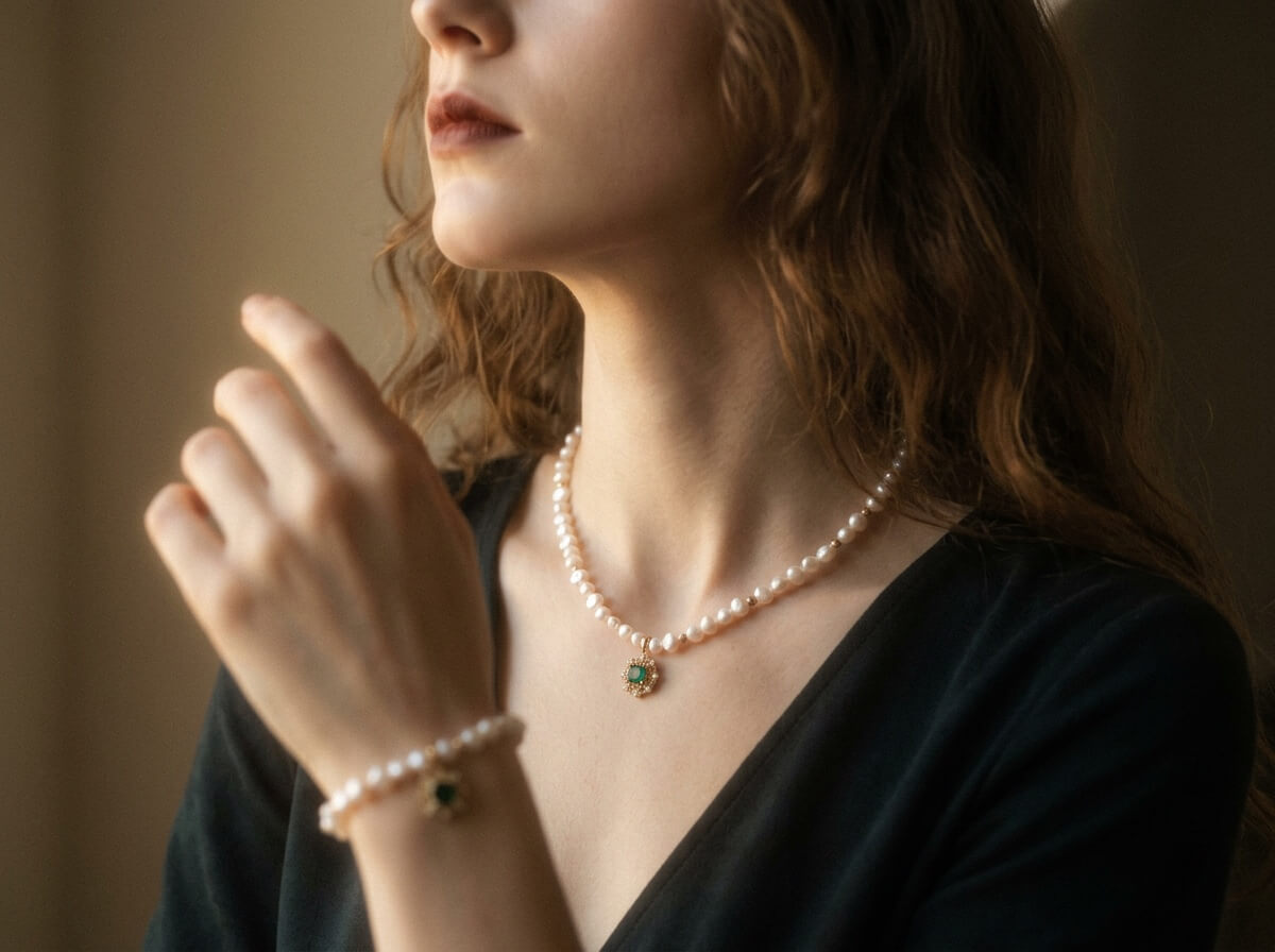 Emerald CZ Filigree Pearl Strand Necklace