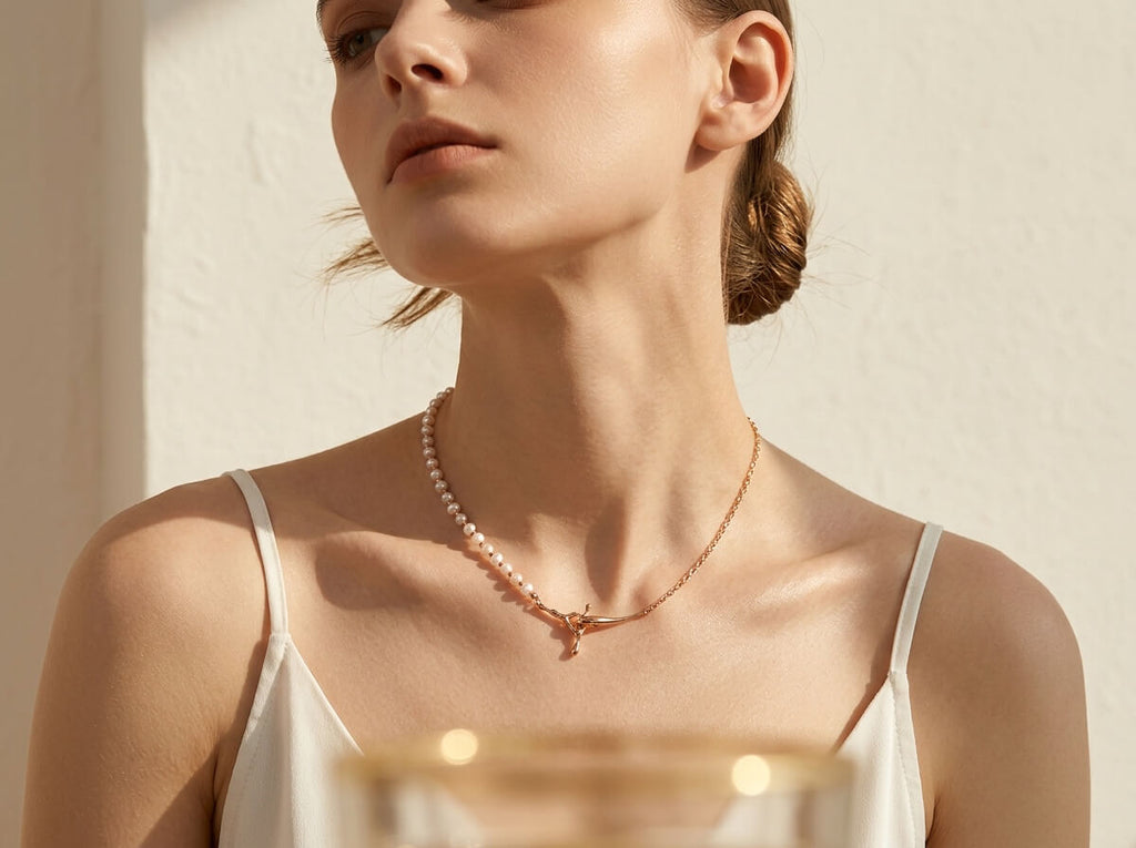 Half Pearl Half Chain Sculptural Cross Necklace